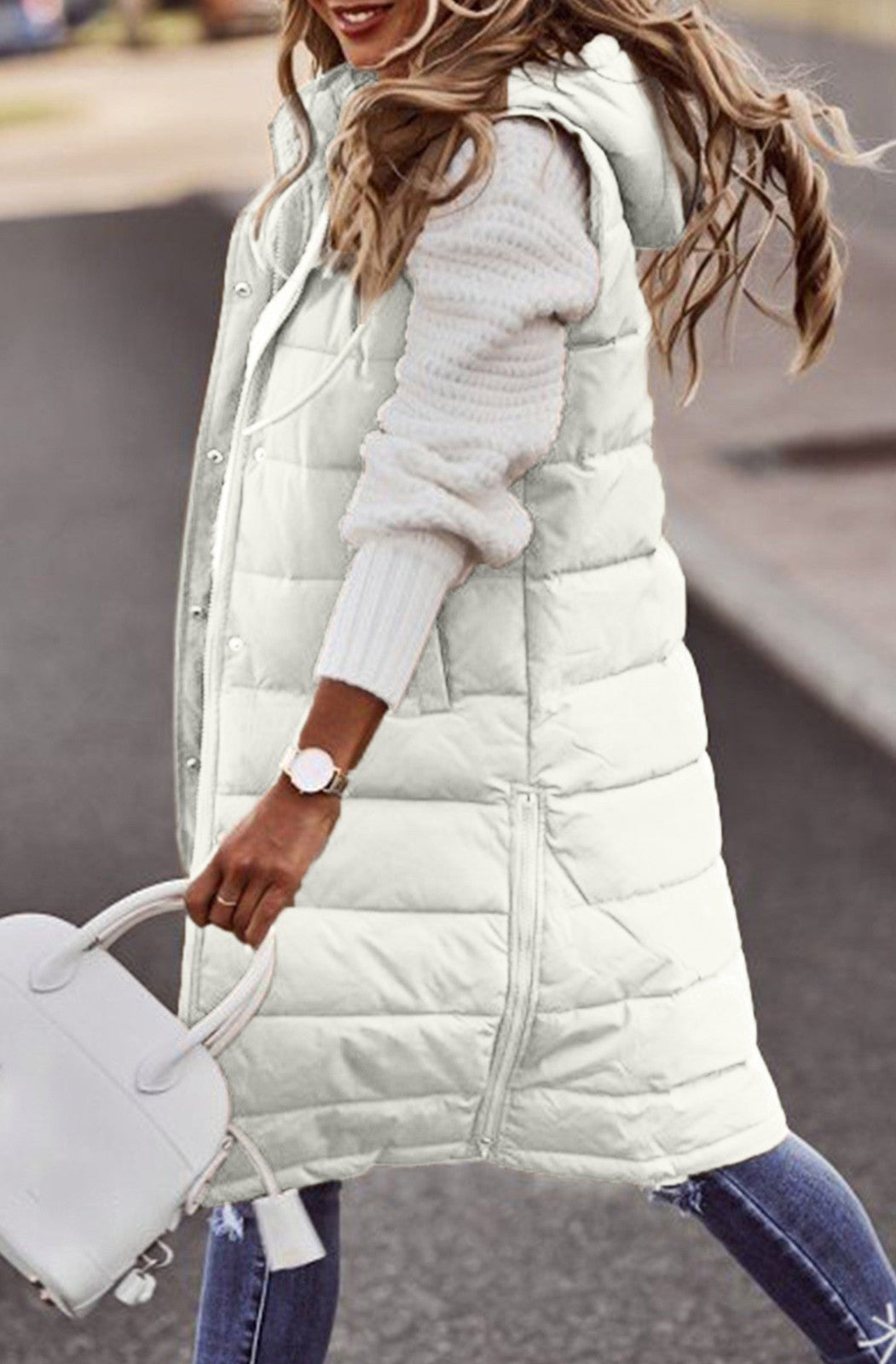Women’s Long Bodywarmer – Oversized Fit – Quilted Padded – Hooded Pull-On Style