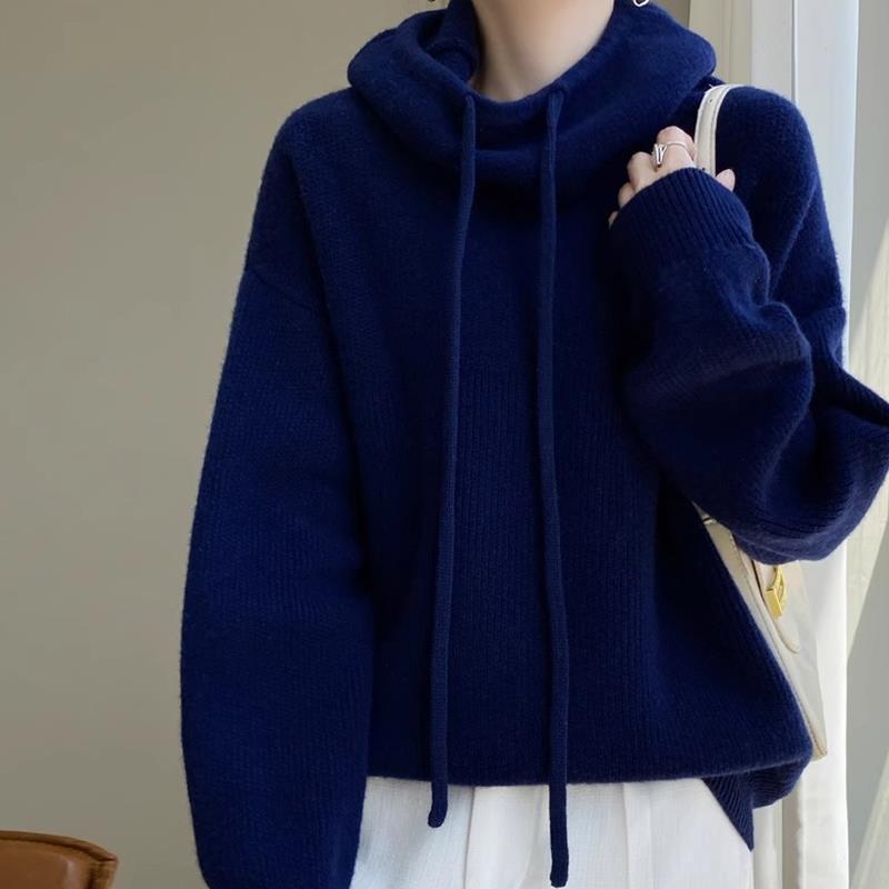 Women’s Pullover Sweater – Relaxed Fit – Wool Blend – Cowl Neck with Drawstrings