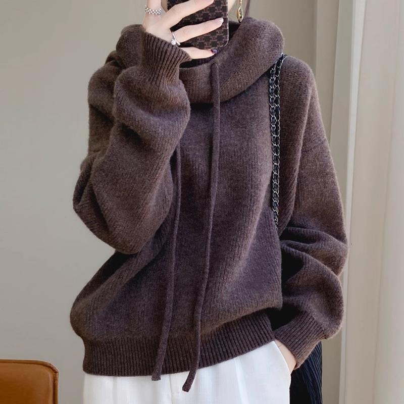 Women’s Pullover Sweater – Relaxed Fit – Wool Blend – Cowl Neck with Drawstrings