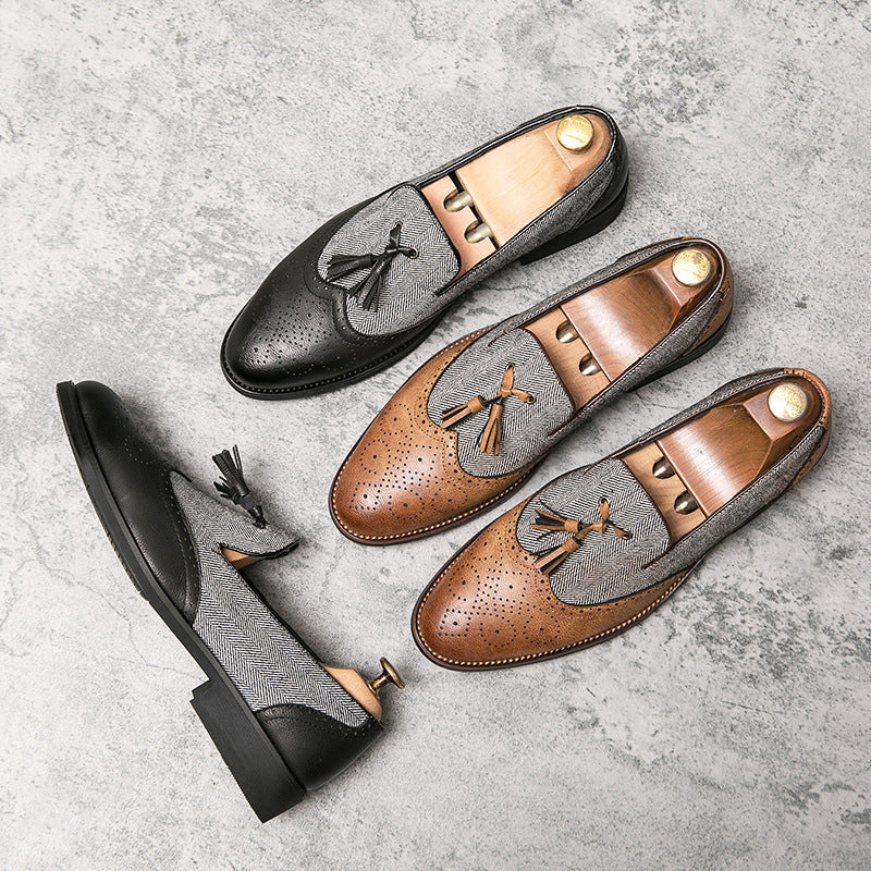 Men’s Loafers - Brogue Detailing - Herringbone Panel - Tassel Slip-On Dress Shoes