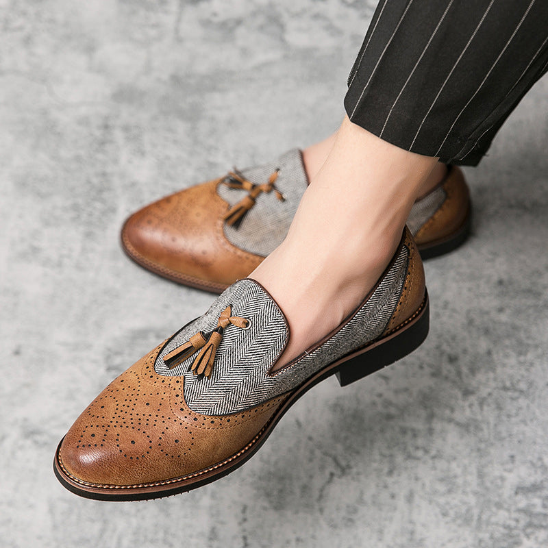 Men’s Loafers - Brogue Detailing - Herringbone Panel - Tassel Slip-On Dress Shoes