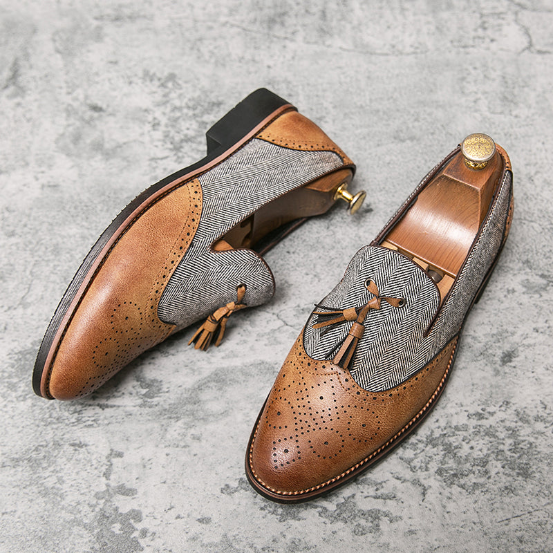Men’s Loafers - Brogue Detailing - Herringbone Panel - Tassel Slip-On Dress Shoes