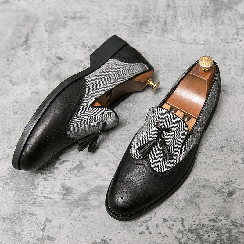 Men’s Loafers - Brogue Detailing - Herringbone Panel - Tassel Slip-On Dress Shoes