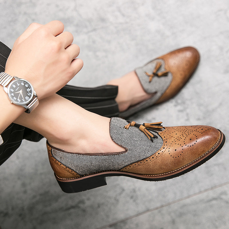 Men’s Loafers - Brogue Detailing - Herringbone Panel - Tassel Slip-On Dress Shoes