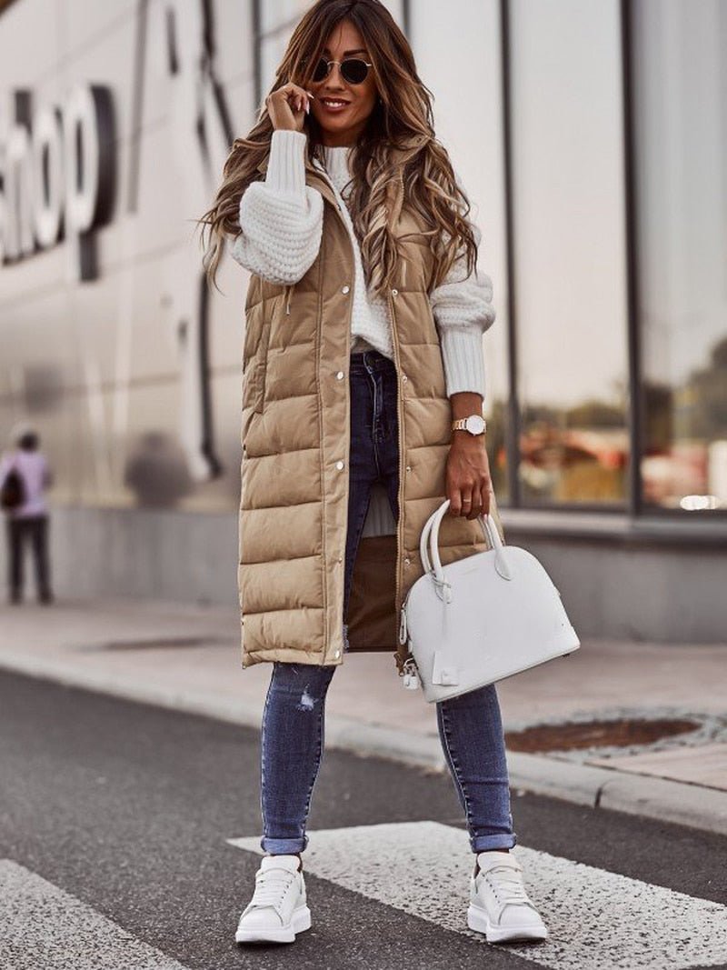 Women’s Quilted Vest – Hooded – Knee Length – Relaxed Fit – Button Front Layering