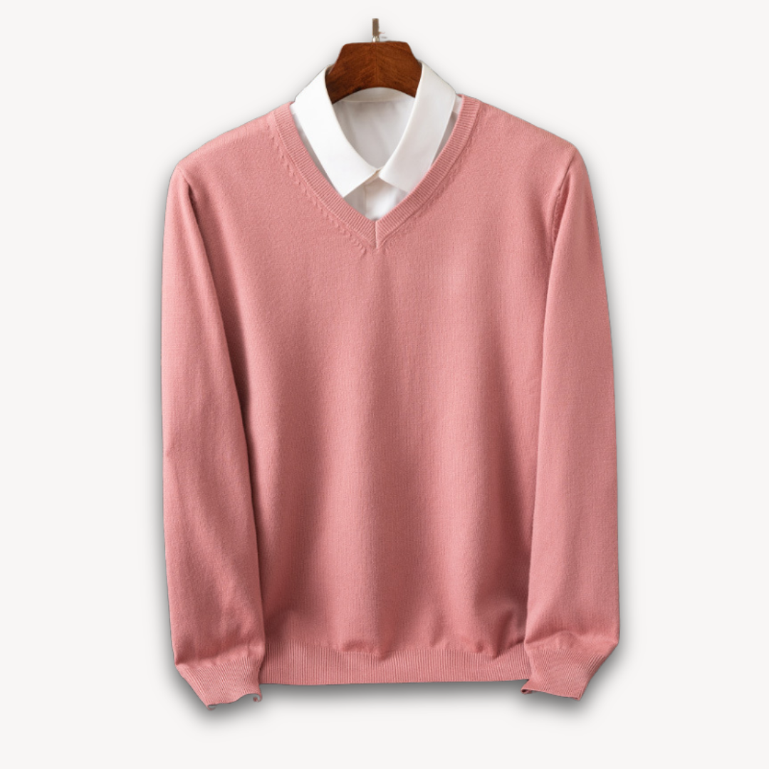 Men’s V-Neck Sweater – Slim Fit – Lightweight Cashmere – Ribbed Trim – Versatile Style