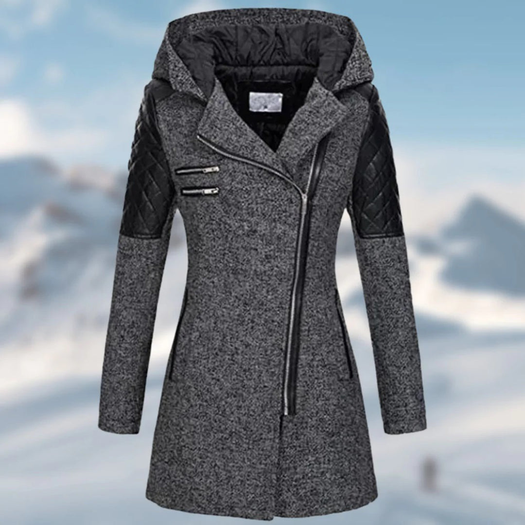 Women’s Wool Coat – Tailored Fit – Quilted Panels – Asymmetrical Zip – Long Length