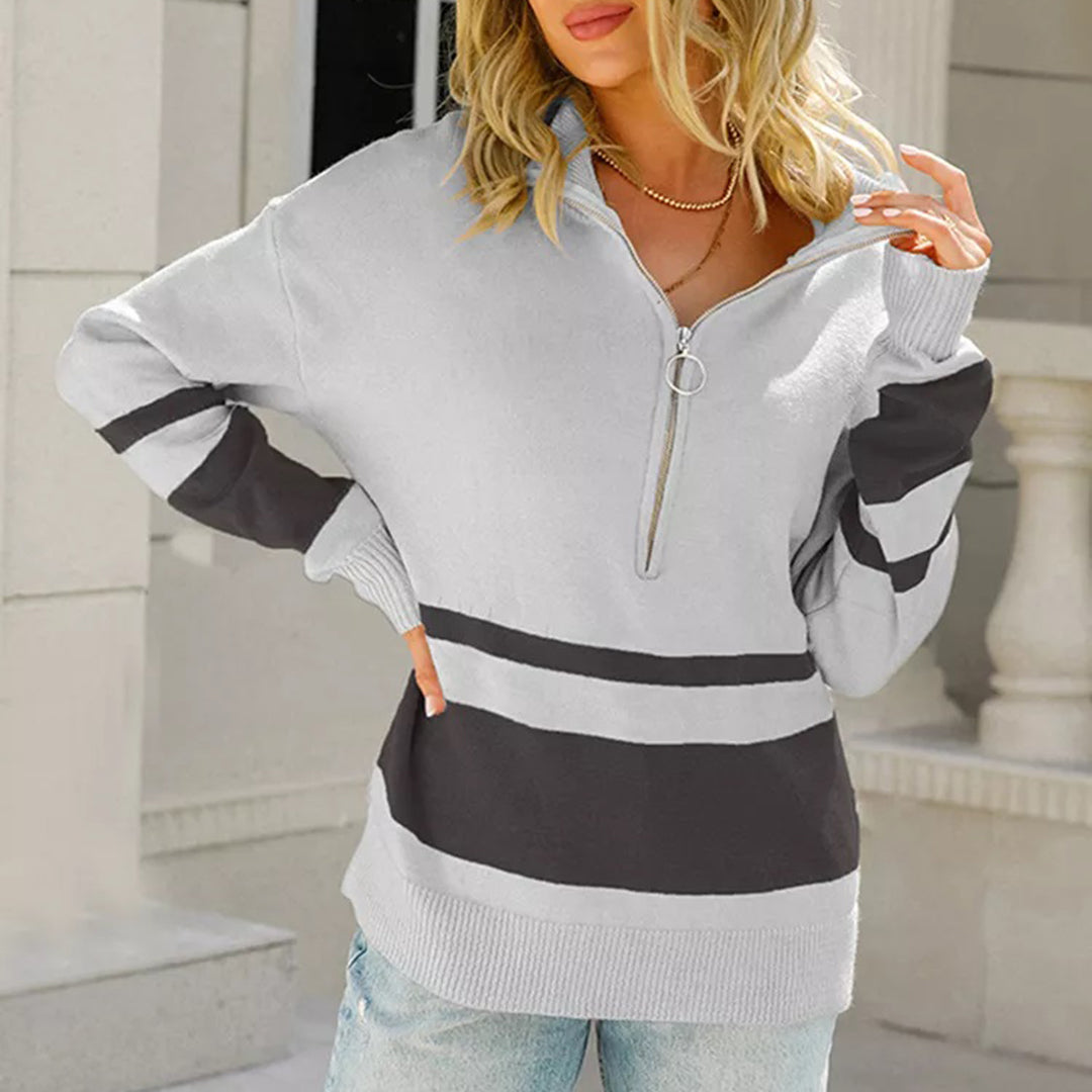 Women's Pullover Sweater - Quarter Zip - Ribbed Cuffs & Hem - Striped Knit Casual Wear