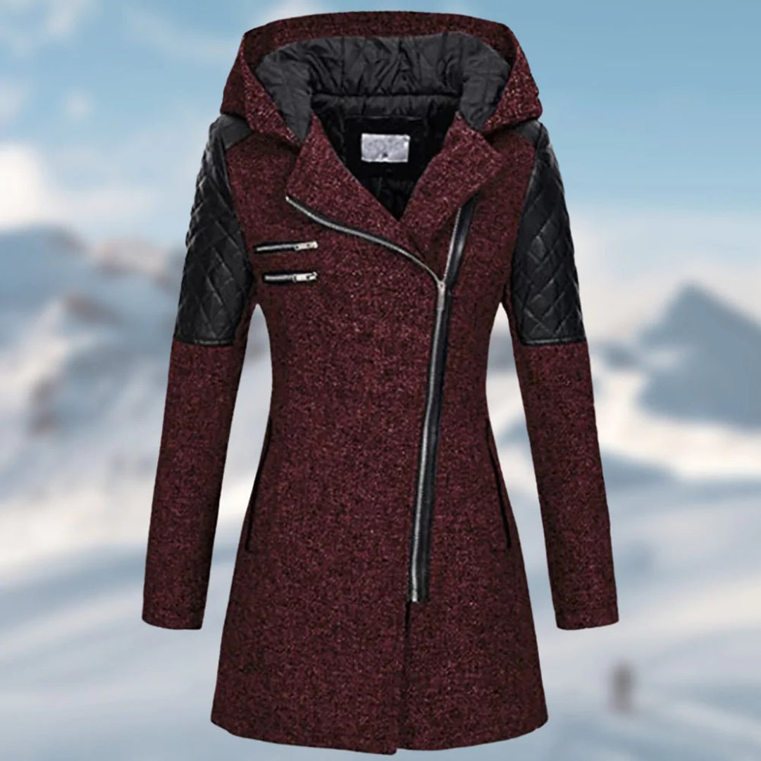 Women’s Wool Coat – Tailored Fit – Quilted Panels – Asymmetrical Zip – Long Length