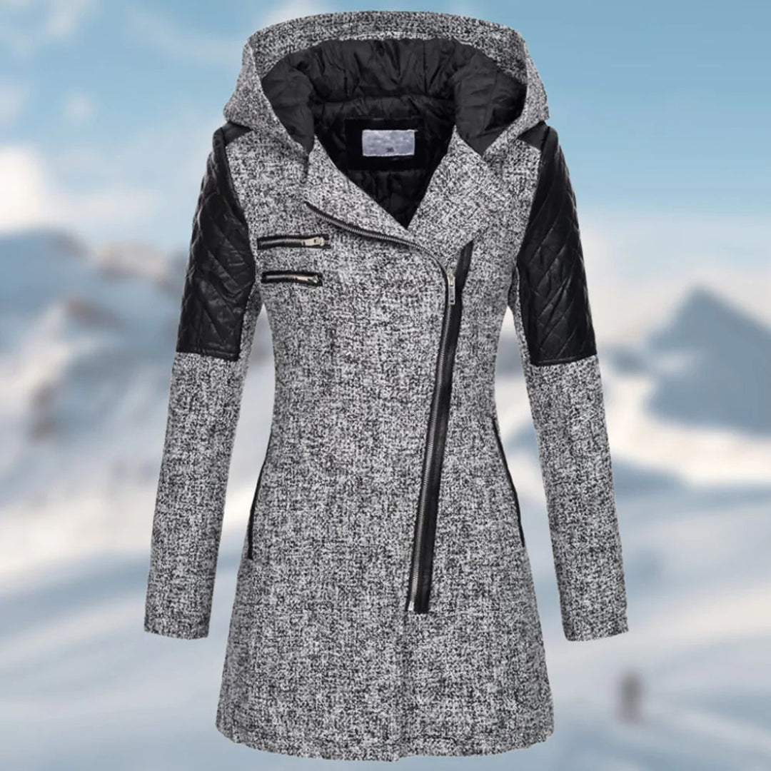 Women’s Wool Coat – Tailored Fit – Quilted Panels – Asymmetrical Zip – Long Length