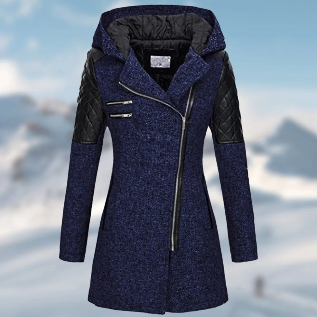 Women’s Wool Coat – Tailored Fit – Quilted Panels – Asymmetrical Zip – Long Length