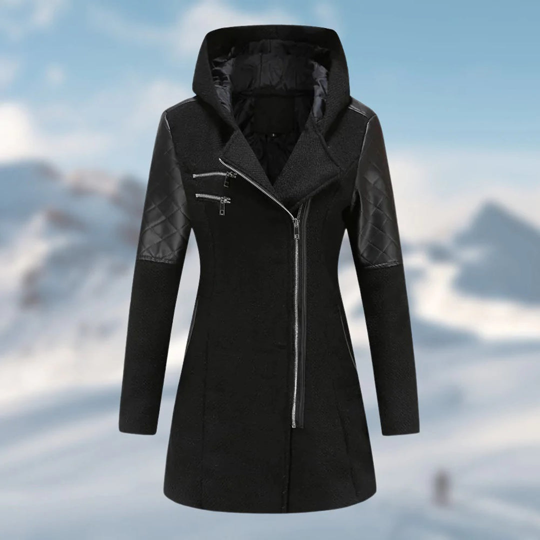 Women’s Wool Coat – Tailored Fit – Quilted Panels – Asymmetrical Zip – Long Length