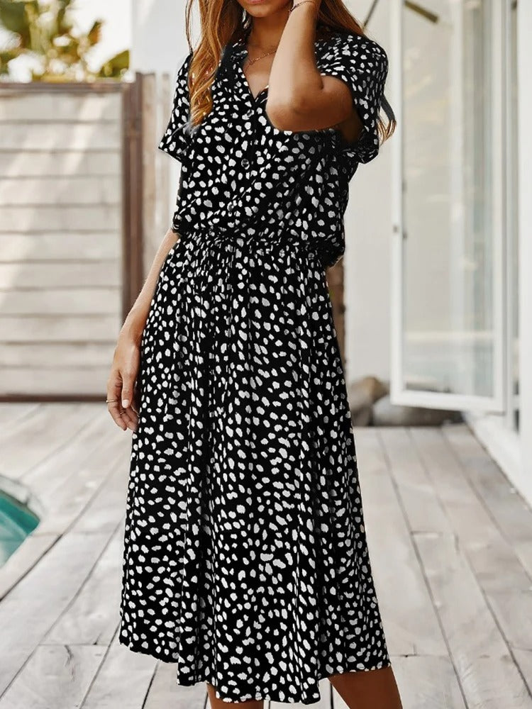 Women’s Midi Dress – Relaxed Fit – Button Front – Short Sleeve – Breathable Blend