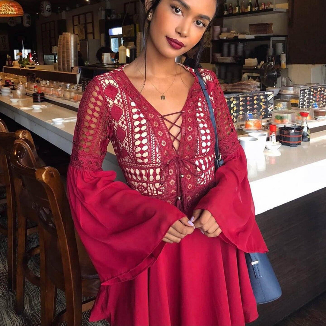Women's Mini Dress - A-Line Silhouette - Lace-Up V-Neck - Layered Skirt - Long Sleeve
