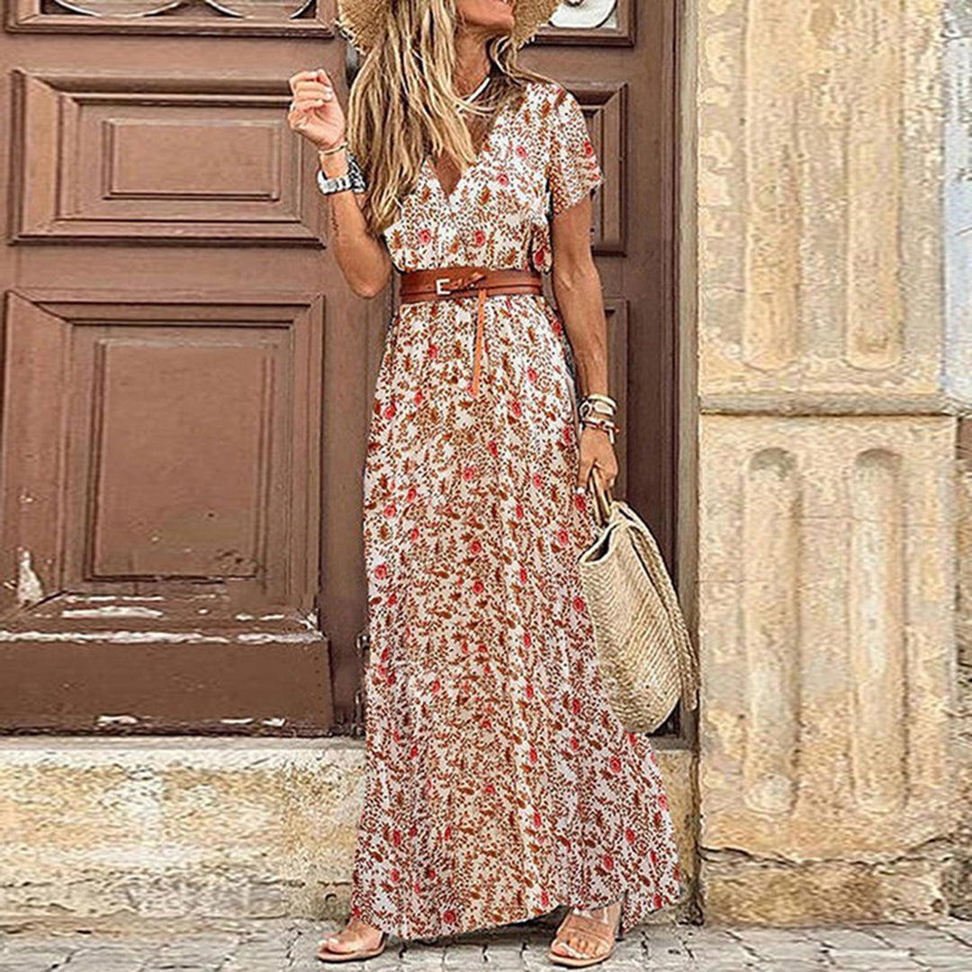 Women’s Maxi Dress – Paisley Print – V-Neck – Short Sleeve – Belted Fit – Side Slit