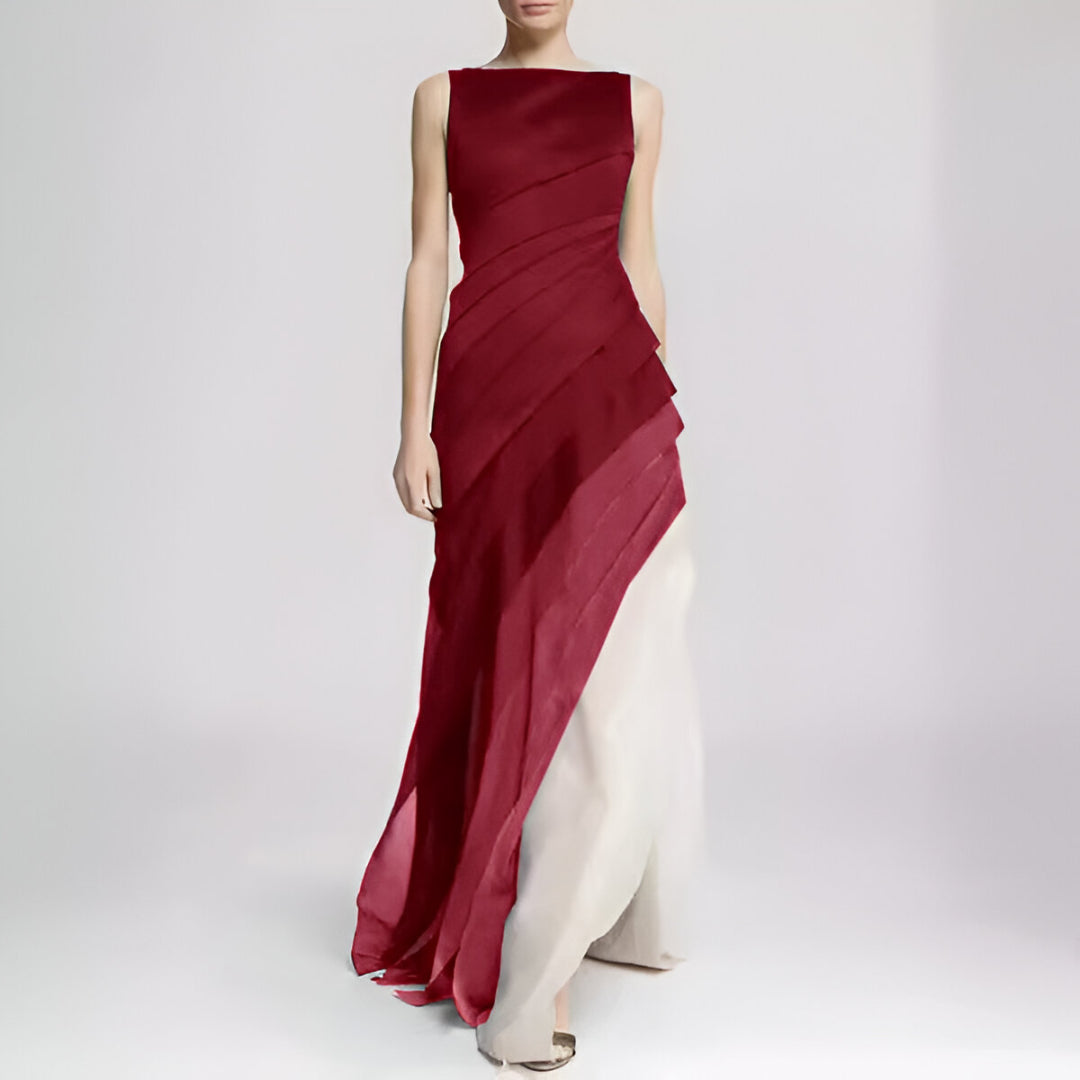 Women’s Evening Gown - Sleeveless Fitted Bodice - Layered Skirt - Elegant Formal Wear
