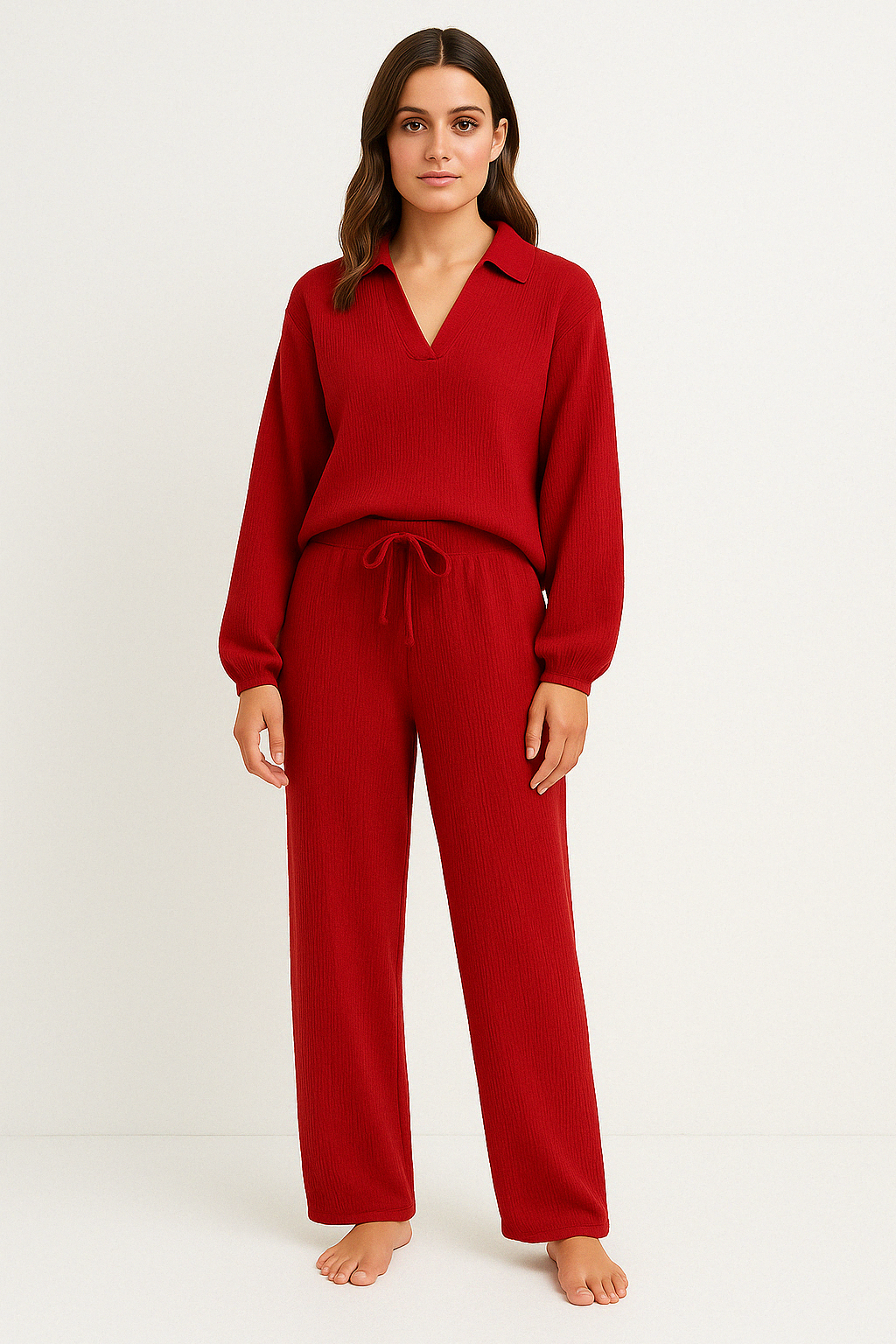 Women’s Lounge Set – Relaxed Fit – V-Neck Top with Collar – Drawstring Straight-Leg Pants
