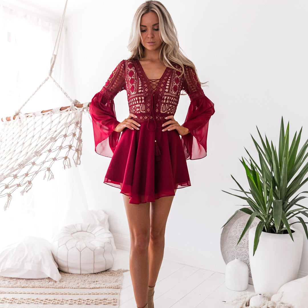 Women's Mini Dress - A-Line Silhouette - Lace-Up V-Neck - Layered Skirt - Long Sleeve