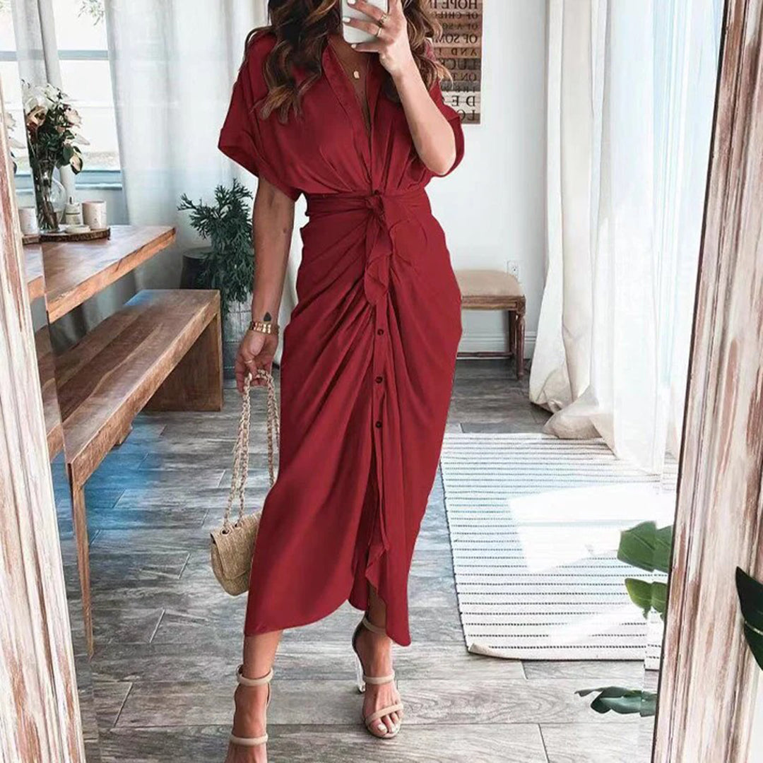 Women's Shirt Dress - Button Down - Waist Tie - Short Sleeve Flowy Midi Length
