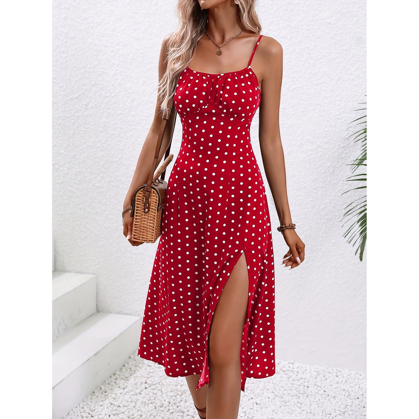 Women's Midi Dress - Sleeveless Spaghetti Strap - Floral Print A-Line - Side Slit