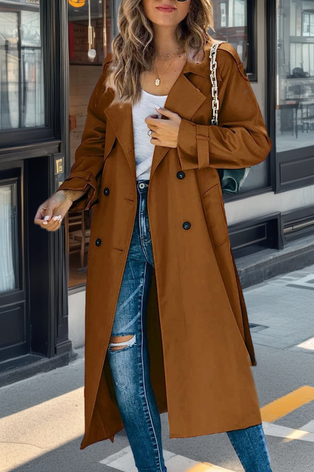 Women’s Trench Coat – Relaxed Fit – Double-Breasted – Belted Waist – Breathable Blend