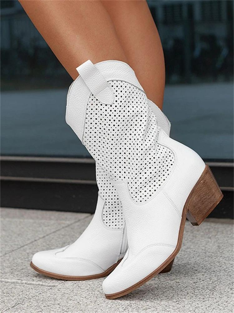 Women’s Cowboy Boots – Leather – Mid-Calf – Perforated – Medium Heel – Side Zip