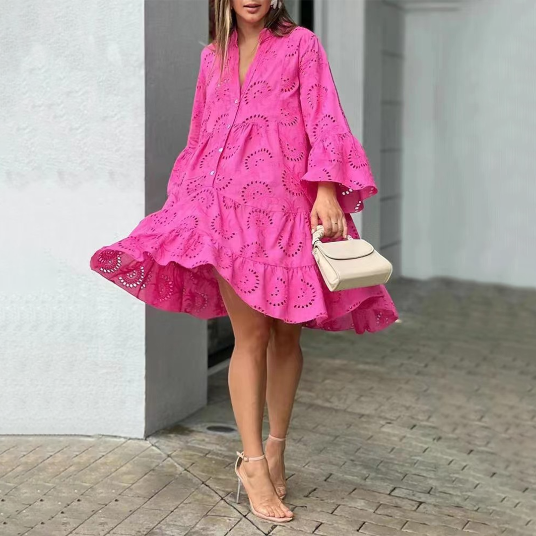 Women’s A-Line Dress - Eyelet Embroidery - V-Neck - Balloon Sleeves - Knee-Length