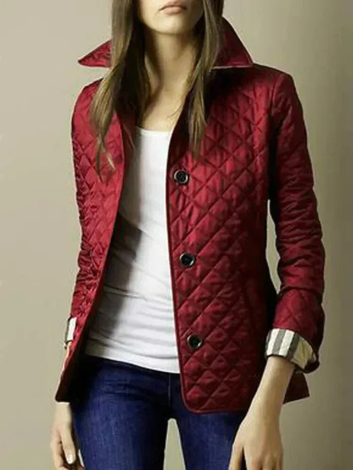 Women’s Quilted Jacket – Tailored Fit – Diamond Pattern – High Collar – Button Front