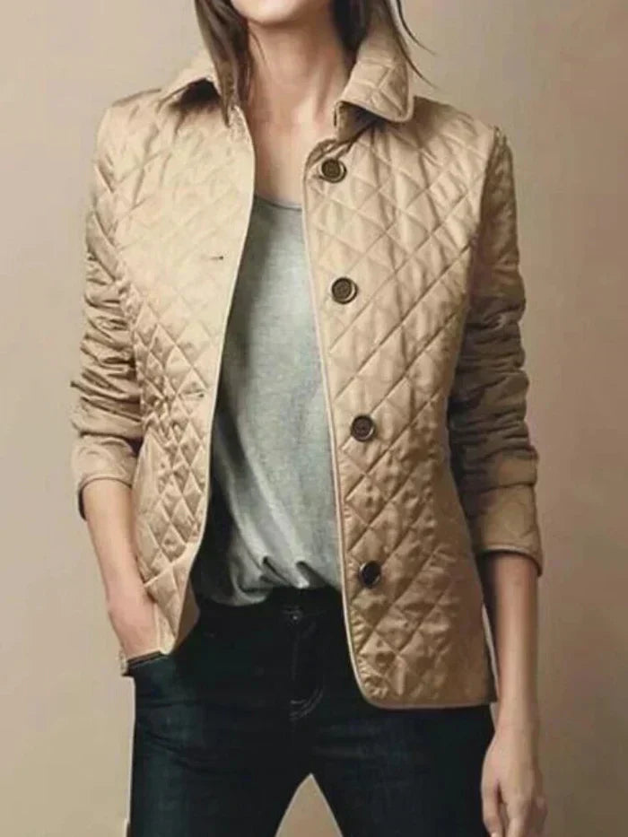 Women’s Quilted Jacket – Tailored Fit – Diamond Pattern – High Collar – Button Front