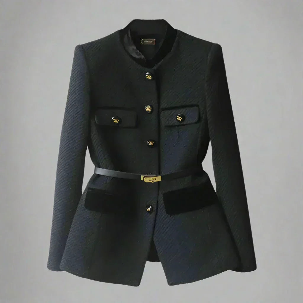 Women’s Wool Coat – Tailored Fit – Button Closure – Waist Belt – Hip Length – Flap Pockets