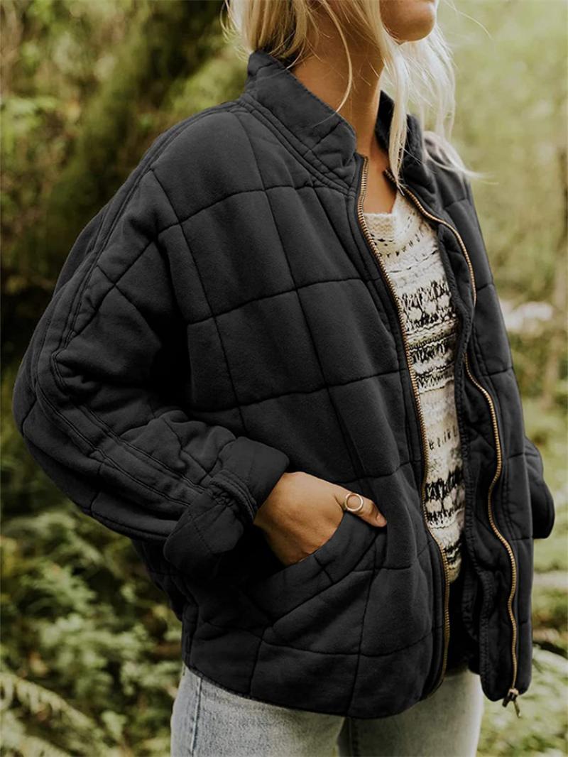 Women’s Quilted Jacket – Oversized Fit – Soft Padded Texture – Zipper Front – Hip Length