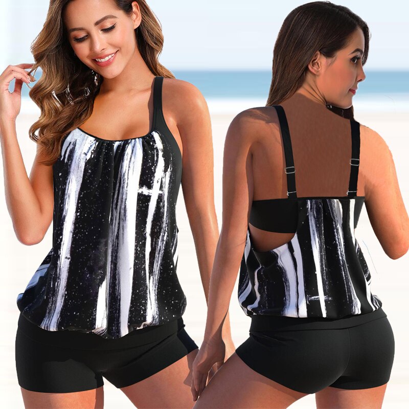 Women’s Tankini Set – Blouson Top – Adjustable Straps – Fitted Shorts – Breathable Blend