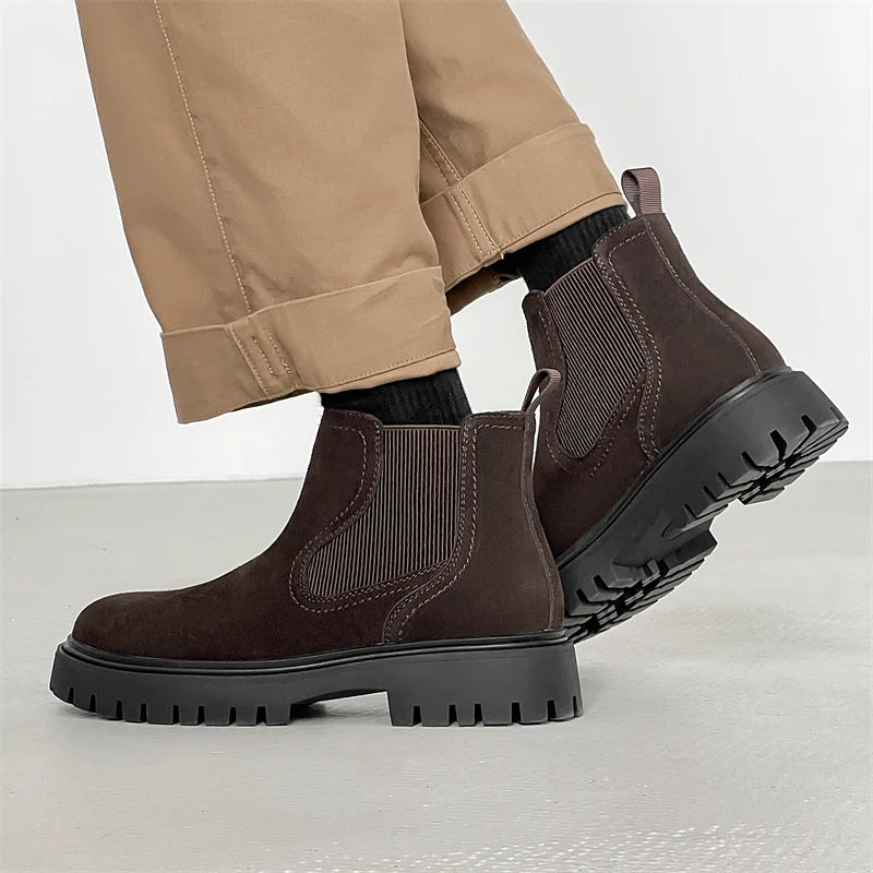 Men’s Mid-Cut Casual Boots – Suede – Elastic Side Panels – Chunky Sole – Retro Style