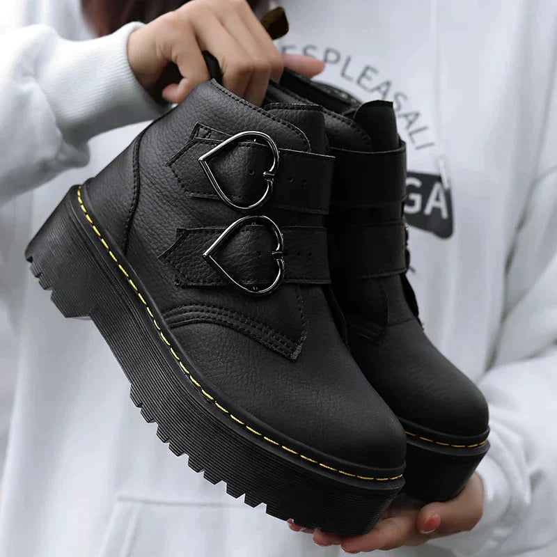 Women’s Ankle Boots – Chunky Sole – Heart Buckle Straps – Structured Fit