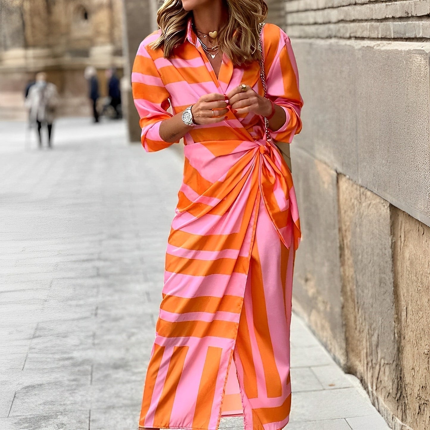 Women's Wrap Dress - Striped Pattern - Long Sleeve - V-Neck Adjustable Fit