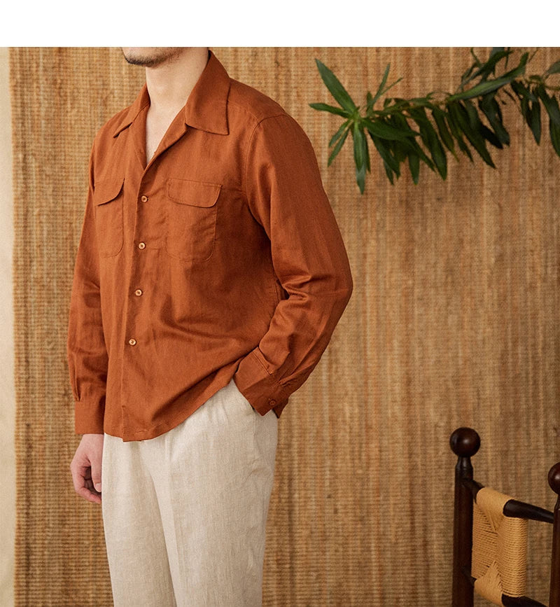 Men’s Linen Shirt – Relaxed Fit – Button-Up – Long Sleeve – Two Chest Pockets