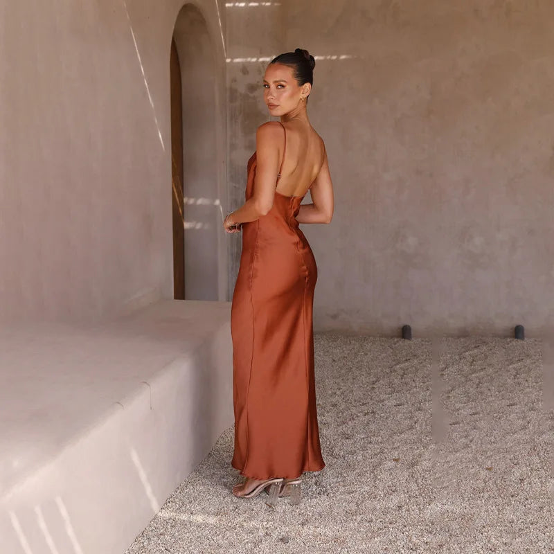 Women's Slip Dress - Satin Silk - Cowl Neck - Spaghetti Straps - Floor-Length Elegant Fit