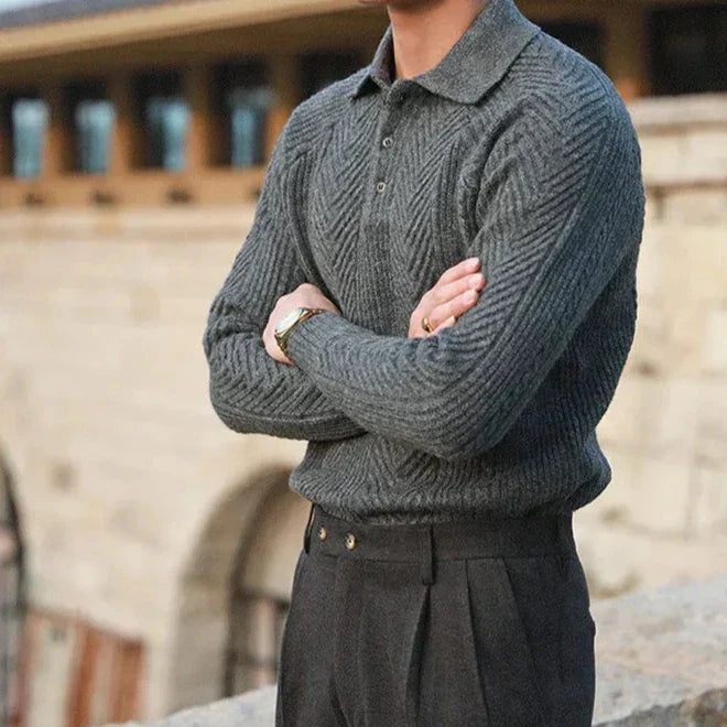 Men’s Knitted Sweater – Slim Fit – Cable Knit – Polo Collar – Long Sleeve Smart Wear