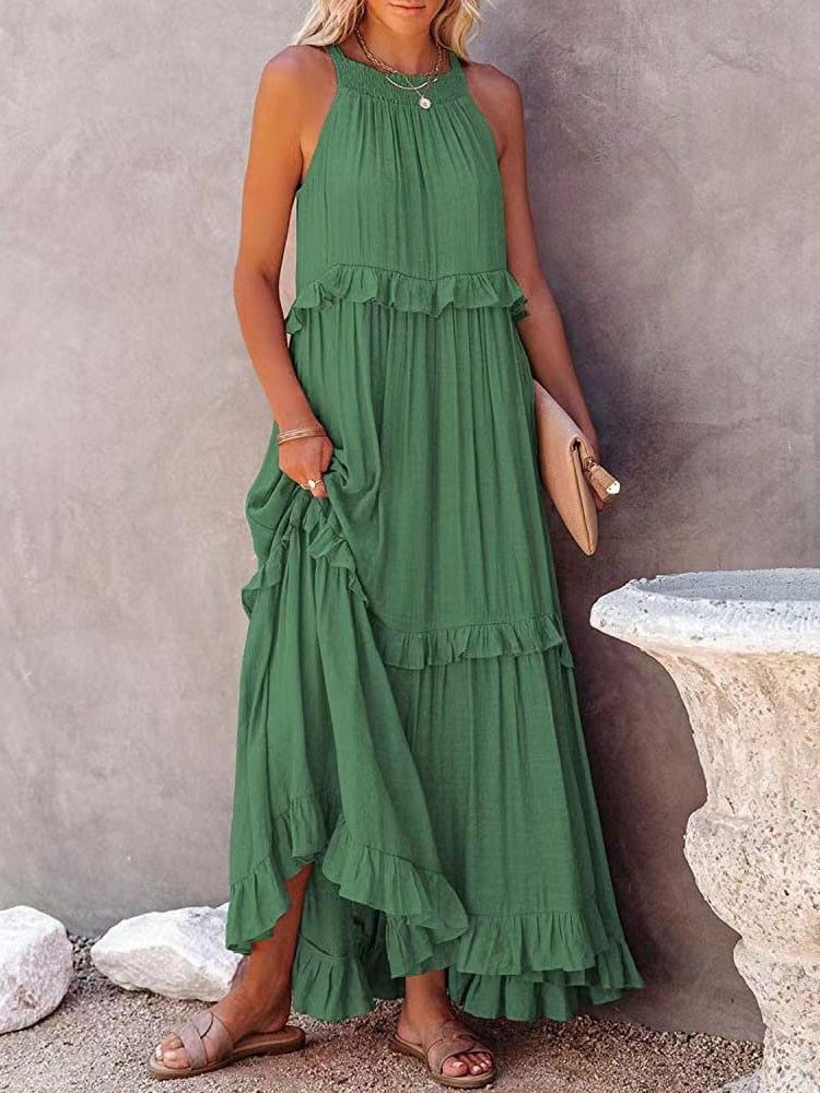 Women’s Maxi Dress – Relaxed Fit – Halter Neck – Ruffle Detail – Natural Fibers