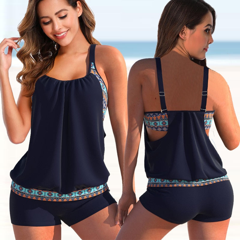 Women’s Tankini Set – Blouson Top – Adjustable Straps – Fitted Shorts – Breathable Blend