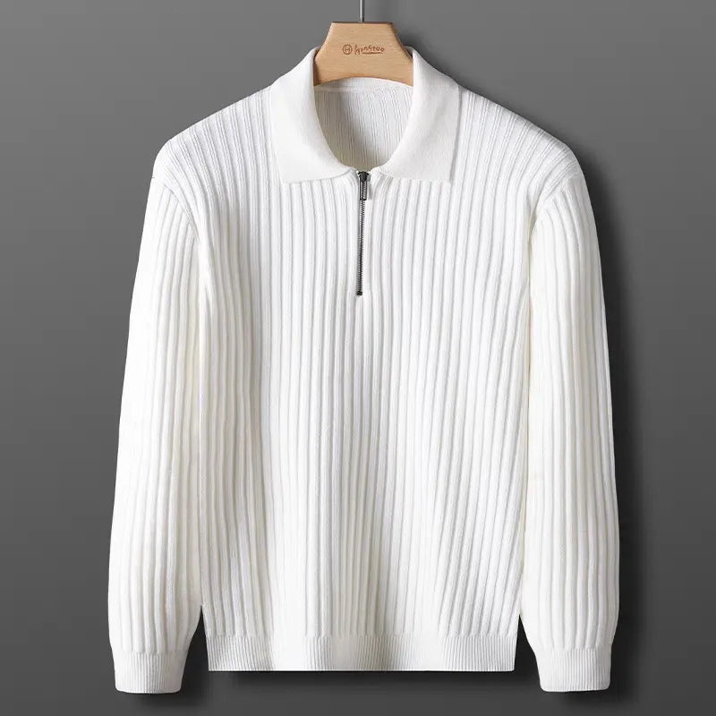 Men’s Pullover Sweater – Wool – Half Zip – Ribbed – Polo Collar – Regular Fit