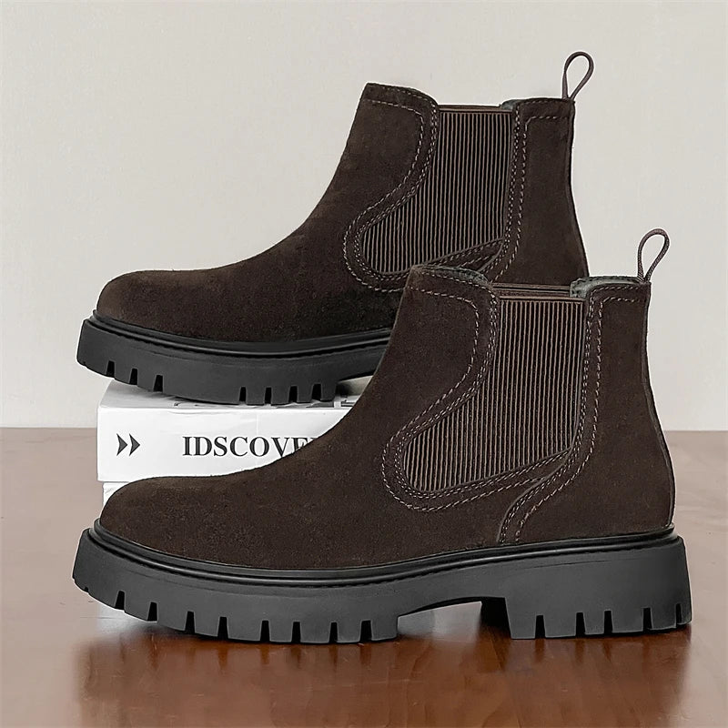 Men’s Mid-Cut Casual Boots – Suede – Elastic Side Panels – Chunky Sole – Retro Style