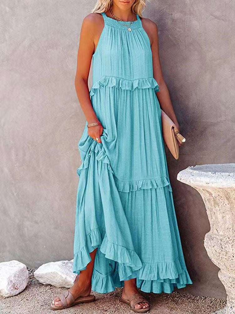 Women’s Maxi Dress – Relaxed Fit – Halter Neck – Ruffle Detail – Natural Fibers