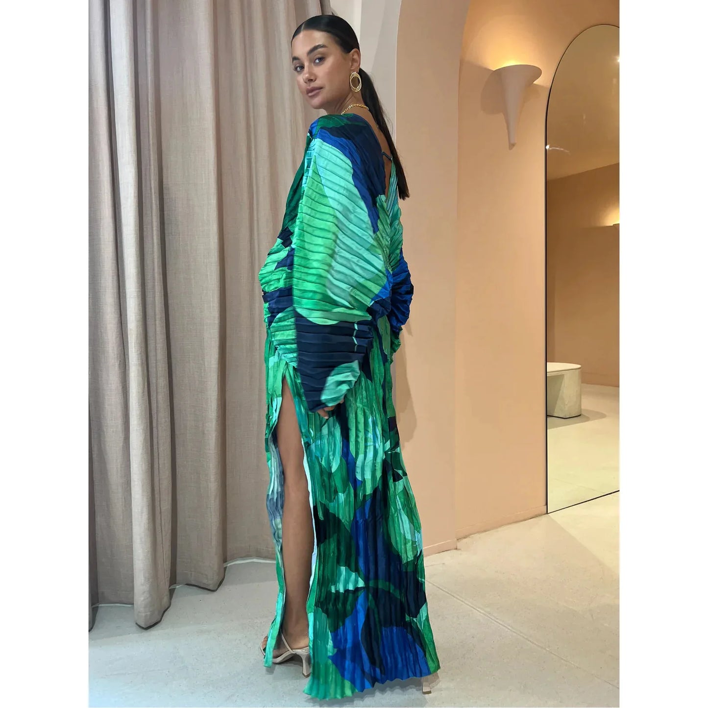 Women's Pleated Maxi Dress - Deep V-Neck - Cinched Waist - High Slit Elegant Fit