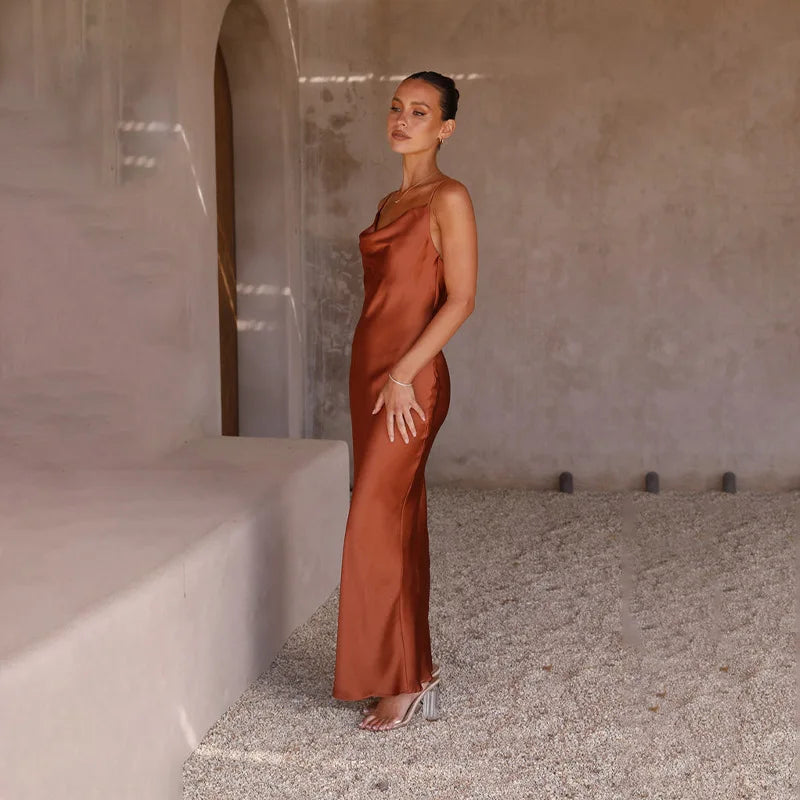 Women's Slip Dress - Satin Silk - Cowl Neck - Spaghetti Straps - Floor-Length Elegant Fit