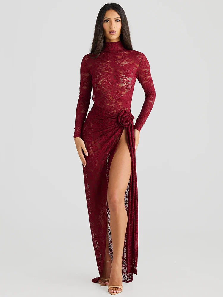 Women’s Slip Dress – Lace Bodycon Fit – Long Sleeve – High Neck – Thigh Slit – Rosette Detail