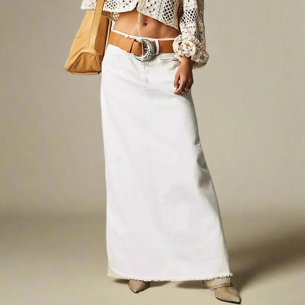 Women’s Denim Skirt – High Waist – Straight Fit – Full Length – Raw Hem – 5 Pockets