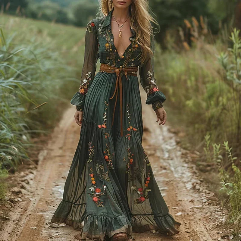 Women’s Maxi Dress – Boho Floral Print – Flowing Fit – Long Sleeve – Tiered Skirt