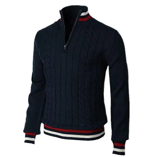 Men’s Turtleneck Sweater – Wool Knit – Slim Fit – Zip Neck – Cable Knit – Ribbed Trim
