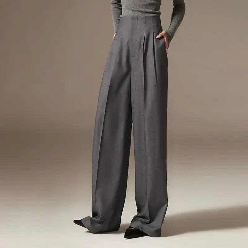 Women’s Wide-Leg Trousers – High Waist – Tailored Pleats – Full Length Woven Fabric